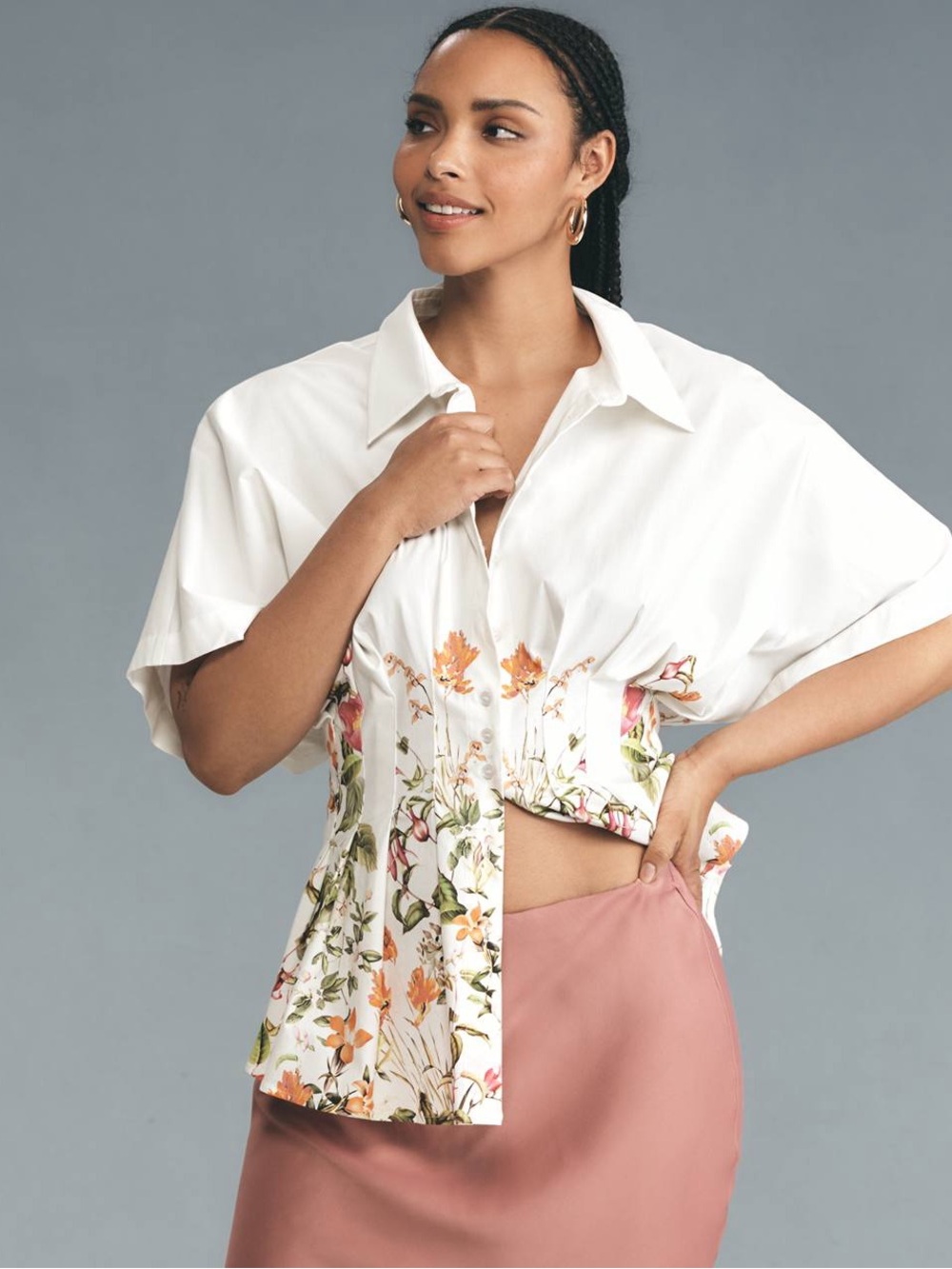 Anthropologie The Tobie Short-Sleeve Pleated Blouse by Exquise 1X Ivory Multi